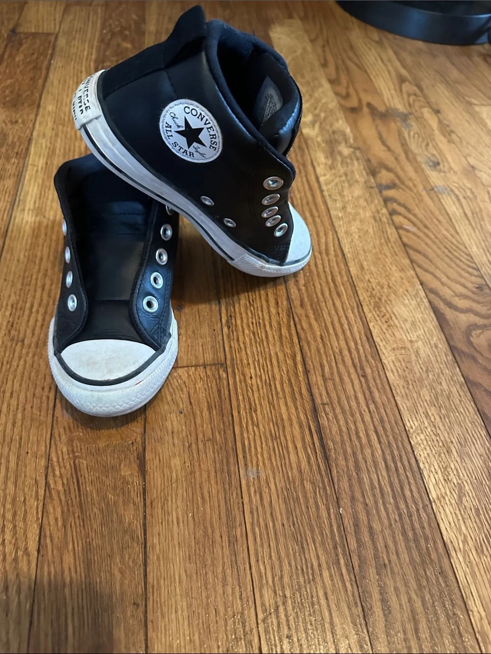 Converse Kids Black Leather Slip-On High-Top Sneakers with White Toe